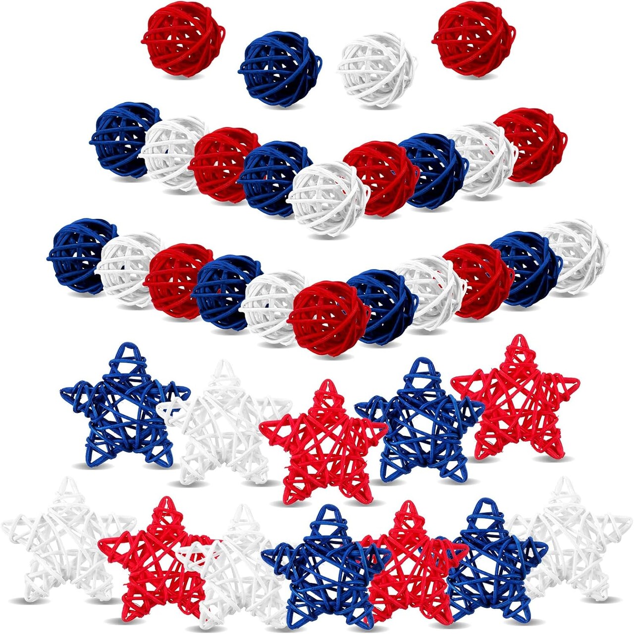 36 Pieces 4th of July Vase Filler for Home Decor Patriotic Bowl Fillers Memorial Day Decoration Decorative Balls for Bowls Vase Natural Rattan Balls for Party Decor(Round and Star)